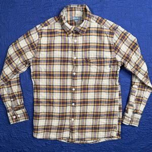 Eddie Bauer Mens Plaid Flannel Shirt S Tan Navy Blue Orange Button Down Long Sl